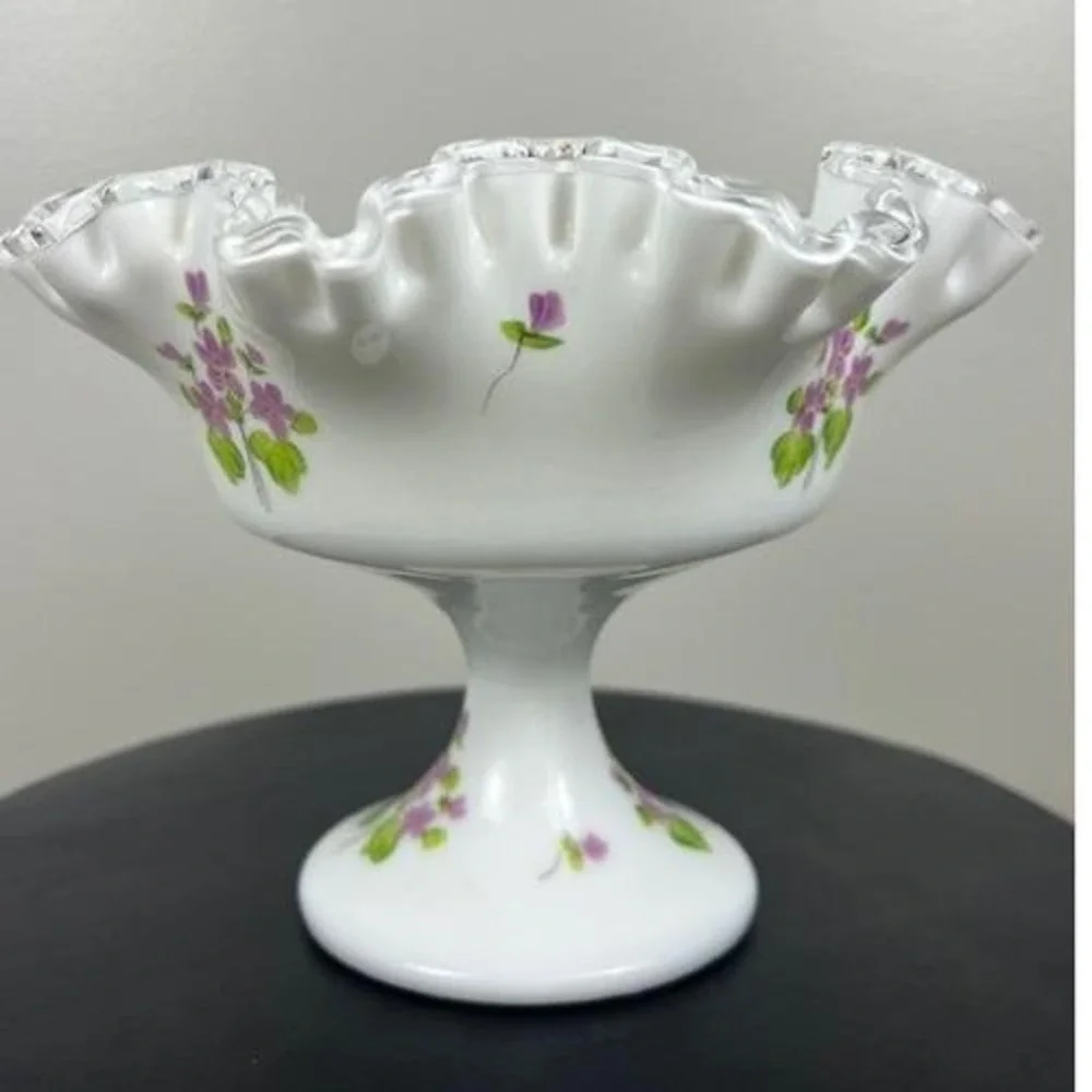 Fenton Milk Glass Violets in the Snow Ruffled Silver Crest Pedestal Compote Bowl